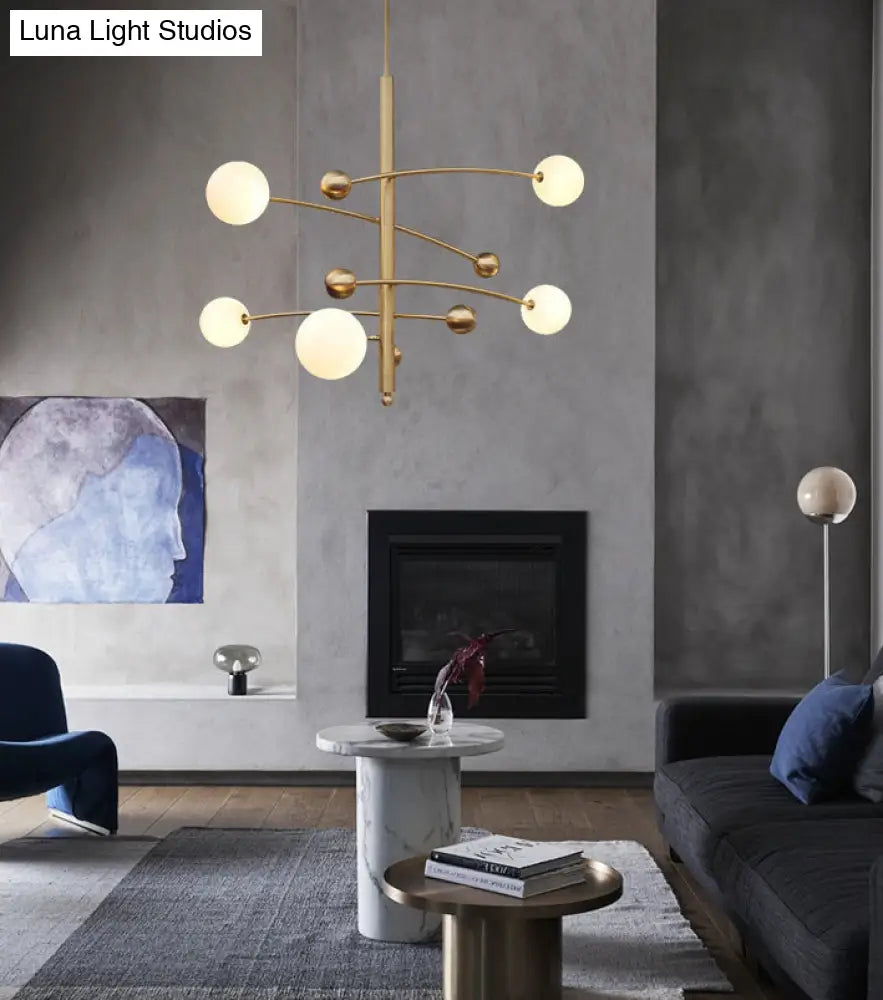 Modern Gold Hanging Chandelier Light With Opal Glass Shade - 5 Ceiling Fixture For Bedroom