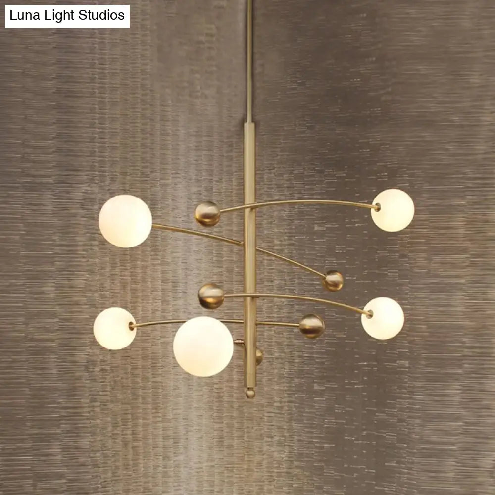 Modern Gold Hanging Chandelier Light With Opal Glass Shade - 5 Ceiling Fixture For Bedroom