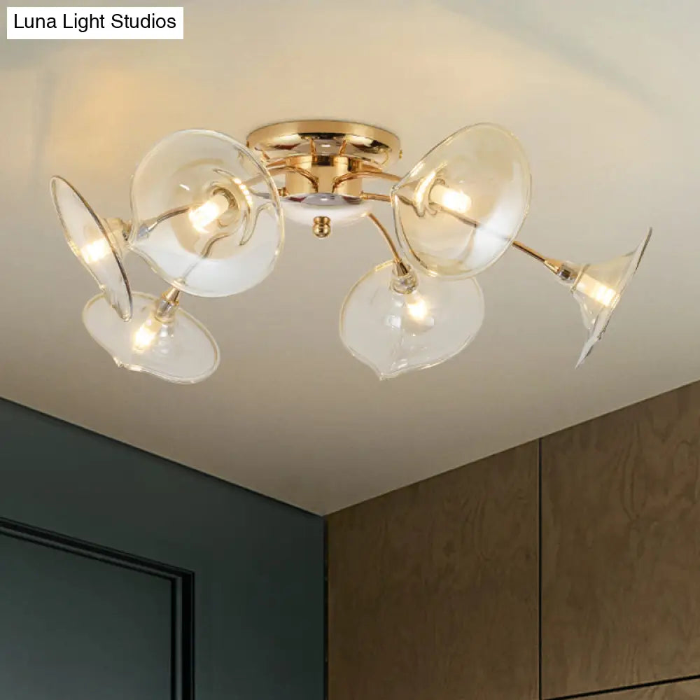 Modern Gold Semi Flush Light With Green/Clear Glass - 6 Bulbs For Living Room