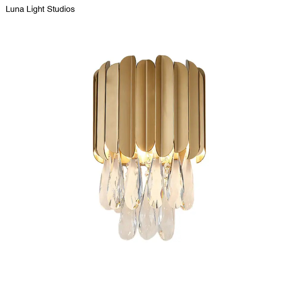 Modern Gold/Smoke Grey Round Wall Mount Lighting With Clear Crystal Teardrop - 2 Bulb Lamp