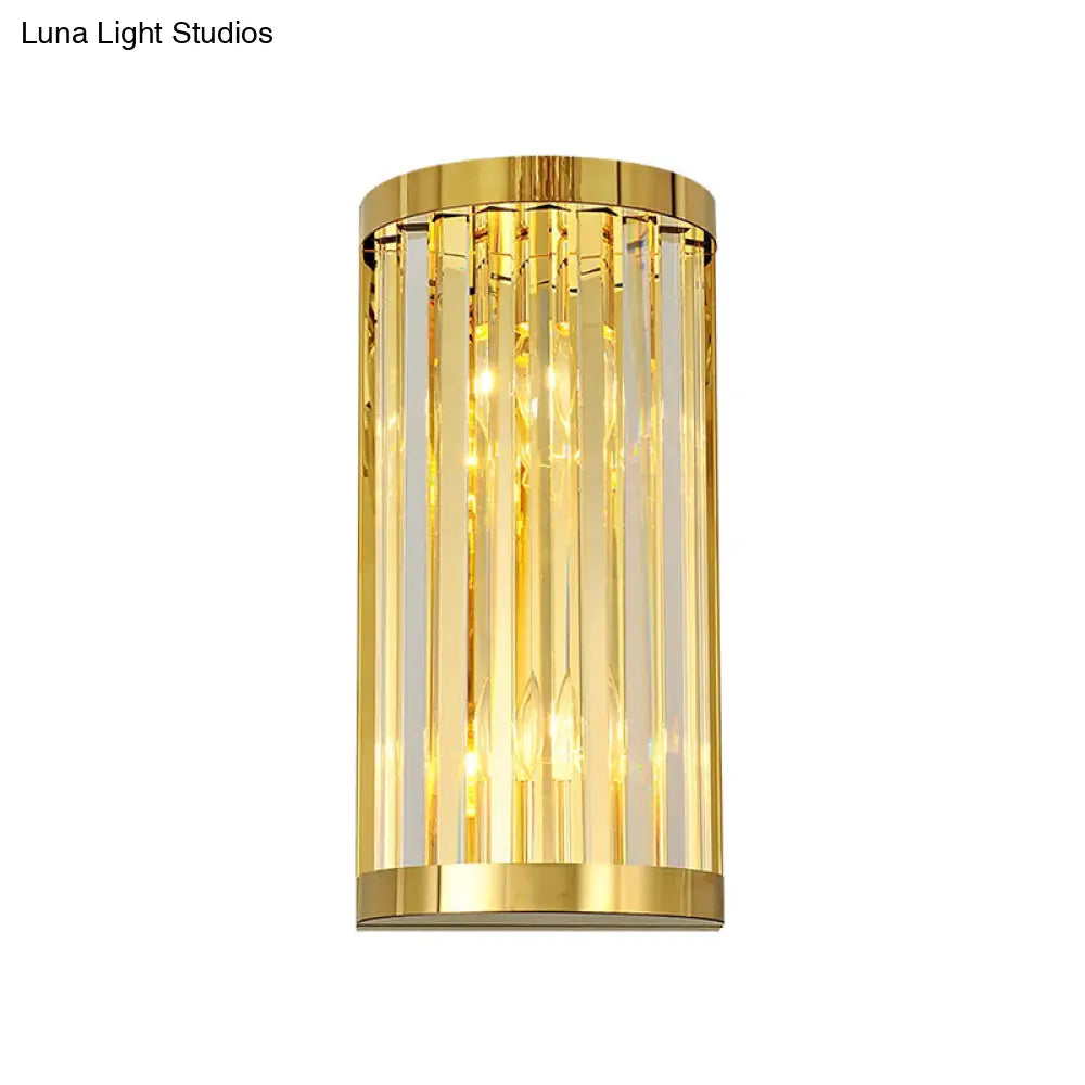 Modern Gold Wall Light Fixture With Clear Crystal Shade Half Cylinder Design 2 Lights