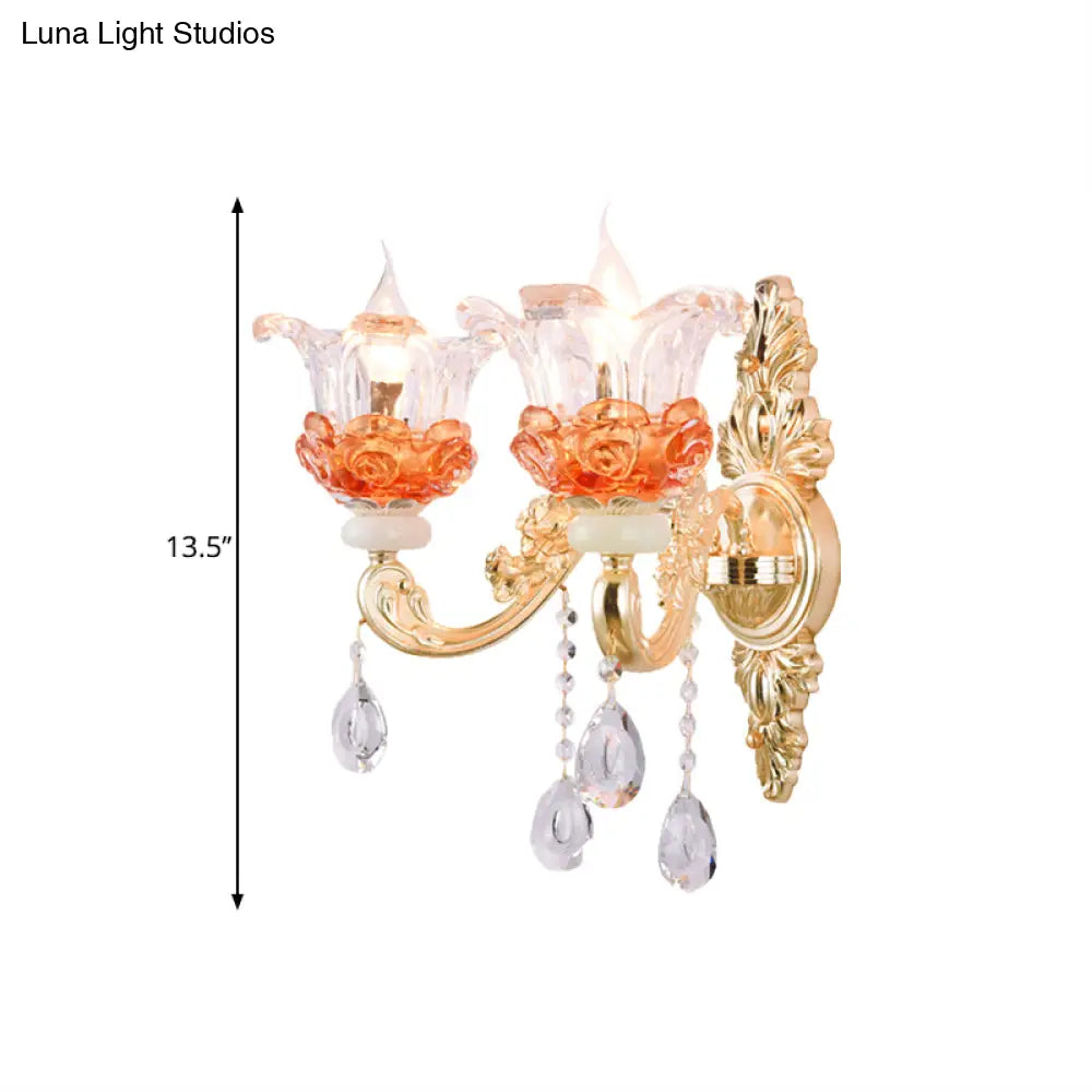 Modern Gold Wall Mount Lamp With Clear Crystal 1/2-Light Blossom Design For Staircase