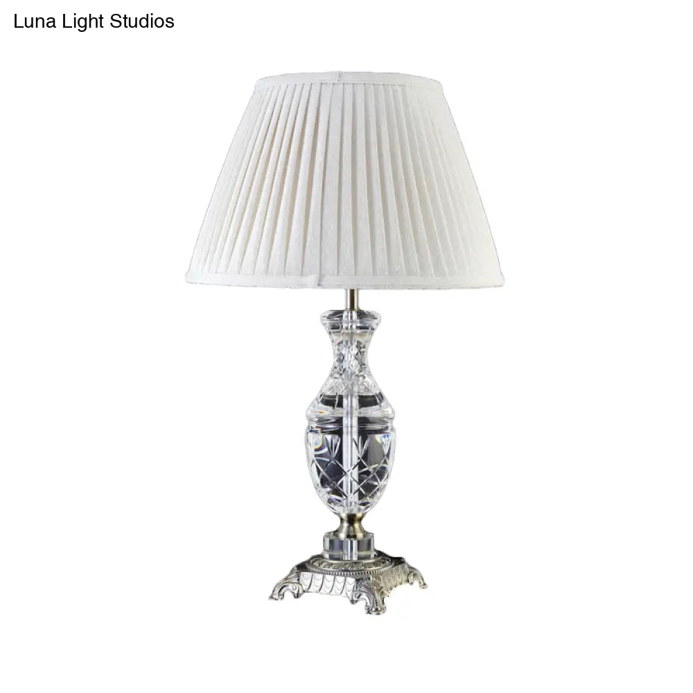 Modern Grey Fabric Shaded Desk Lamp - Carved Bronze Metallic Pedestal 1 Head Table Light