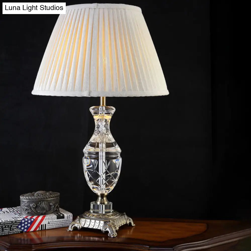 Modern Grey Fabric Shaded Desk Lamp - Carved Bronze Metallic Pedestal 1 Head Table Light