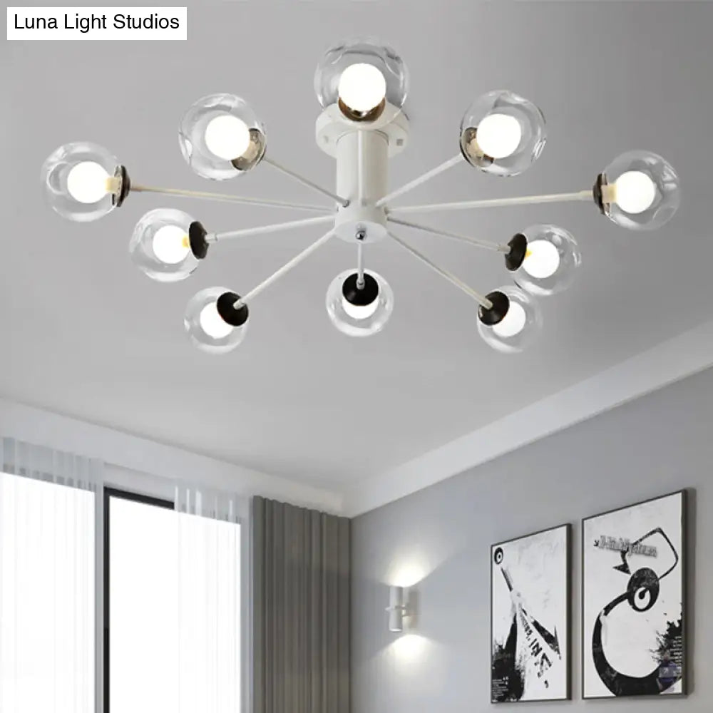 Modern Iron Sputnik Ceiling Lamp With Clear Glass Shades - Black/White 8/10 Lights