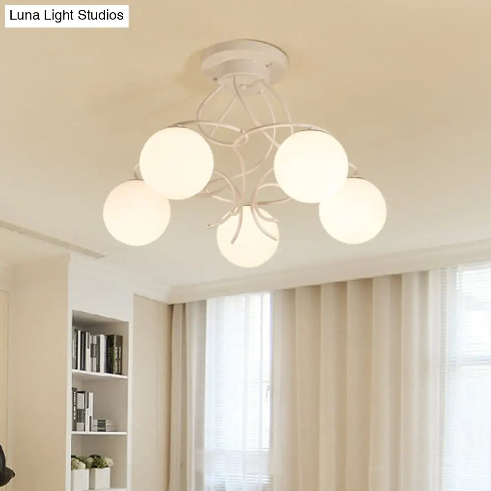 Modern Iron Swirling Semi Flush Ceiling Light With Opal Glass Shade - 5 Heads Black/White Finish