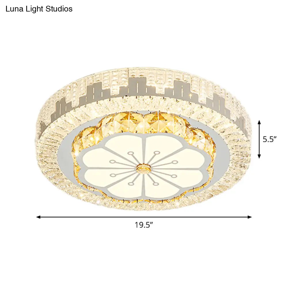 Modern Led Ceiling Lamp With Crystal Flower/Round Cut Design - Chrome Flush Mount For Bedroom