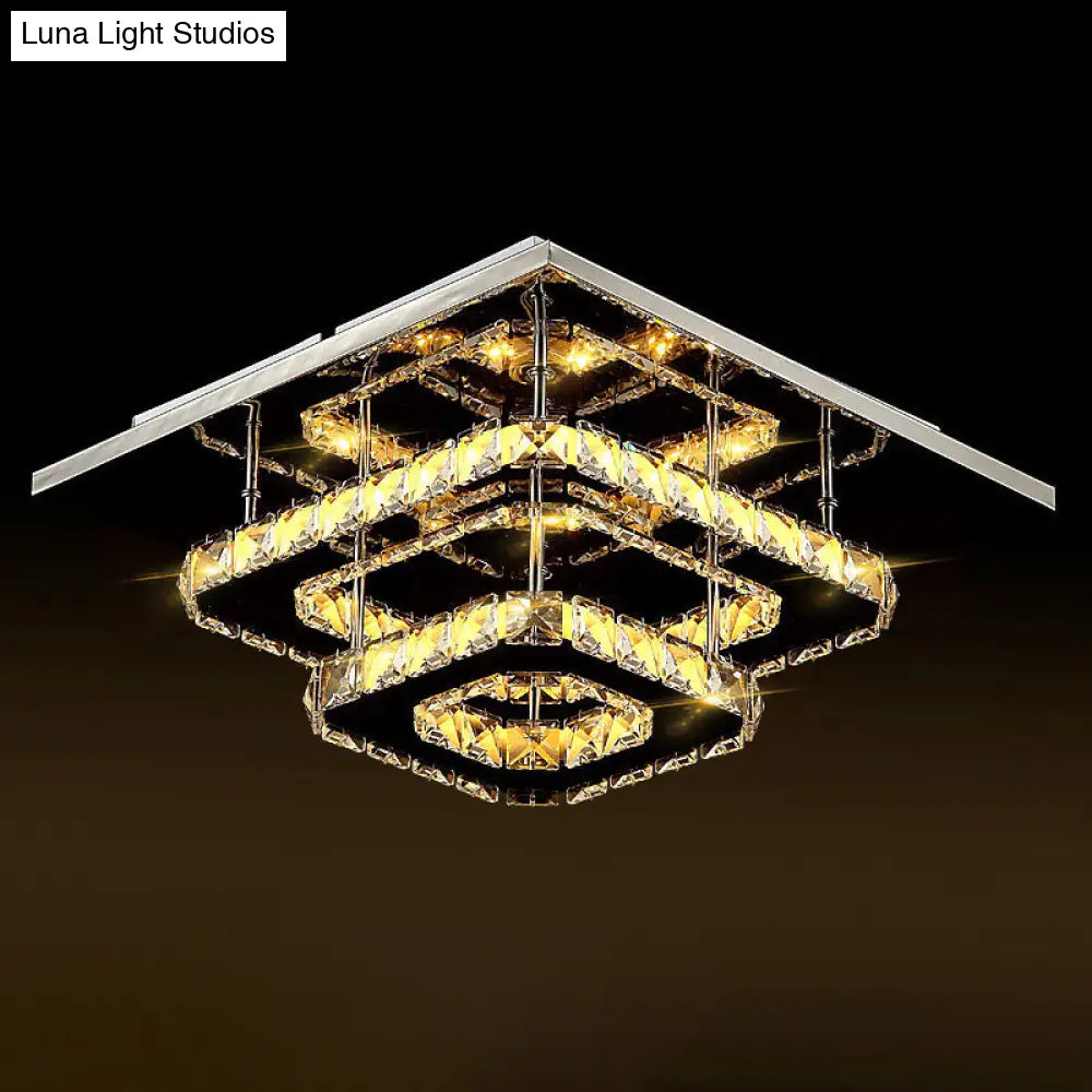 Modern Led Crystal Flush Mount Ceiling Light With Beveled Square Design For Corridor Chrome Finish