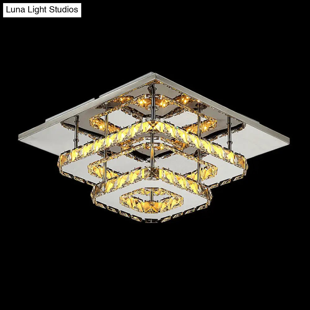 Modern Led Crystal Flush Mount Ceiling Light With Beveled Square Design For Corridor Chrome Finish