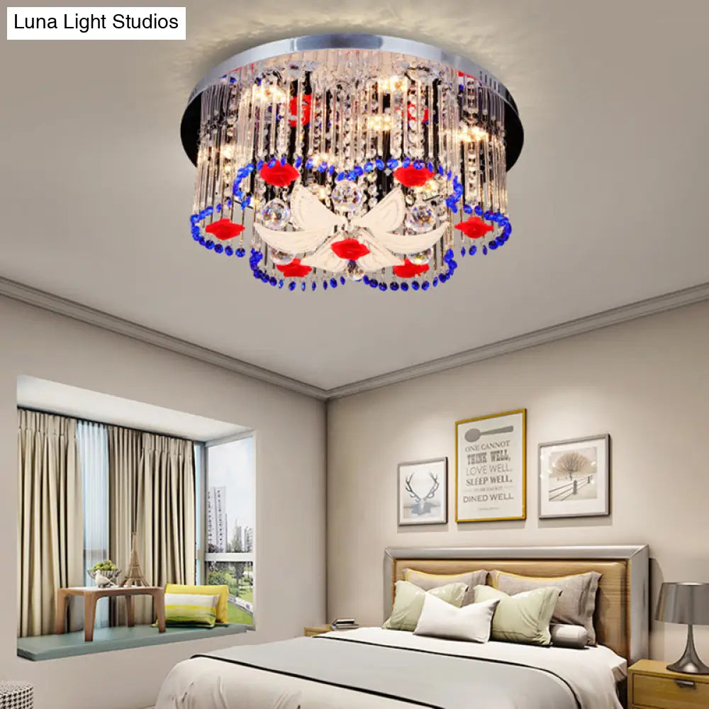 Modern Led Crystal Prism Ceiling Light With Flower Design In Blue And Red 19.5’/23.5’ Width