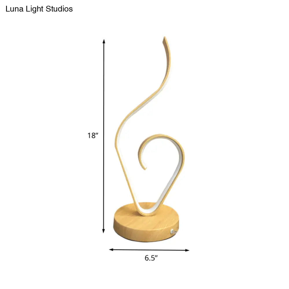 Modern Led Desk Lamp With Swirly Acrylic Design & Round Wood Base - Beige Night Table Lighting