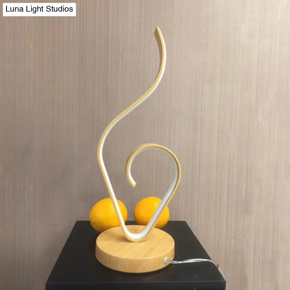 Modern Led Desk Lamp With Swirly Acrylic Design & Round Wood Base - Beige Night Table Lighting