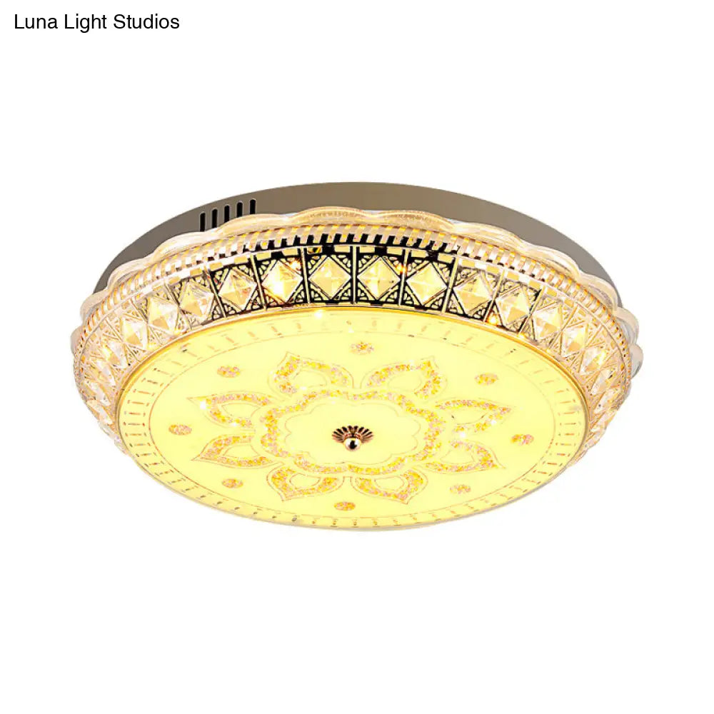 Modern Led Drum Flushmount Ceiling Light With Clear Crystal Embellishments And Flower Pattern For