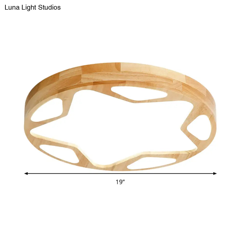 Modern Led Flush Ceiling Light In Beige - Kindergarten Star Design Wood Acrylic Lamp