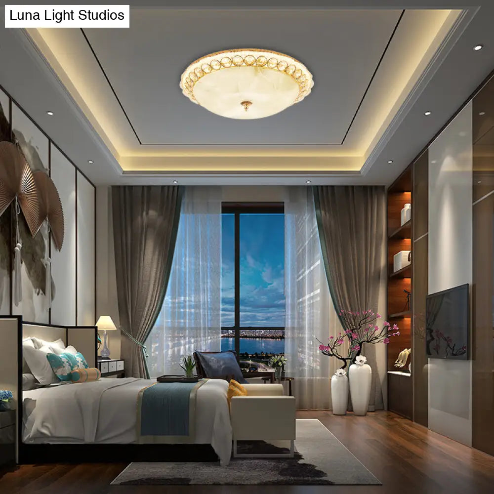 Modern Led Flush Ceiling Light With Textured Glass Bowl Crystal Accent In Gold - 12’/16’ Wide