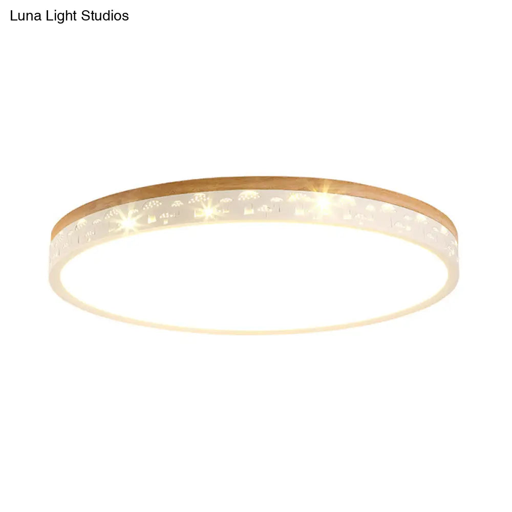 Modern Led Flush Light Fixture: Wood Circle Design With Acrylic Diffuser - White/Warm