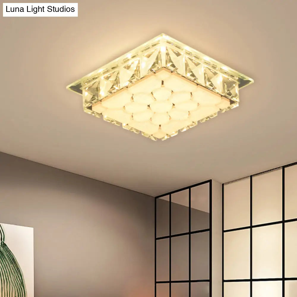 Modern Led Flush Mount Bedroom Ceiling Light With Etched Petal Design And Clear Crystal Shade