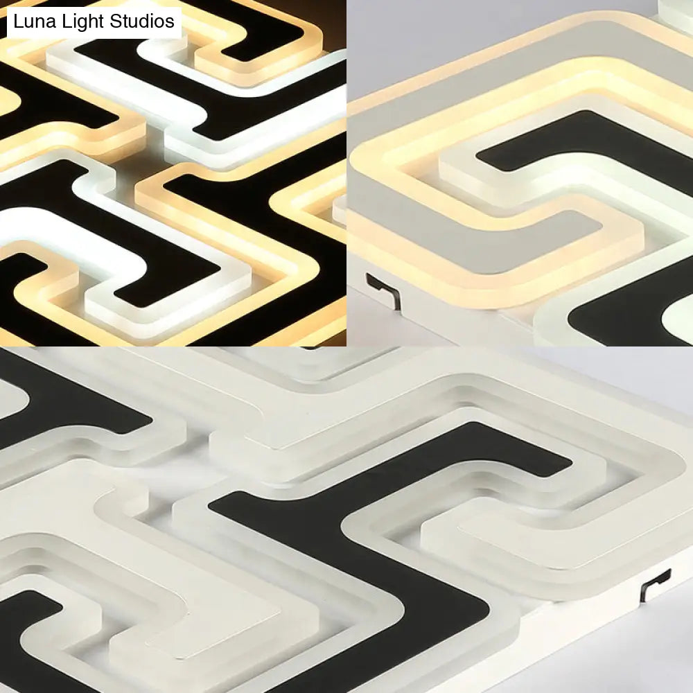 Modern Led Flush Mount Ceiling Light With Acrylic Maze Shade - Black Finish Warm/White/Second Gear