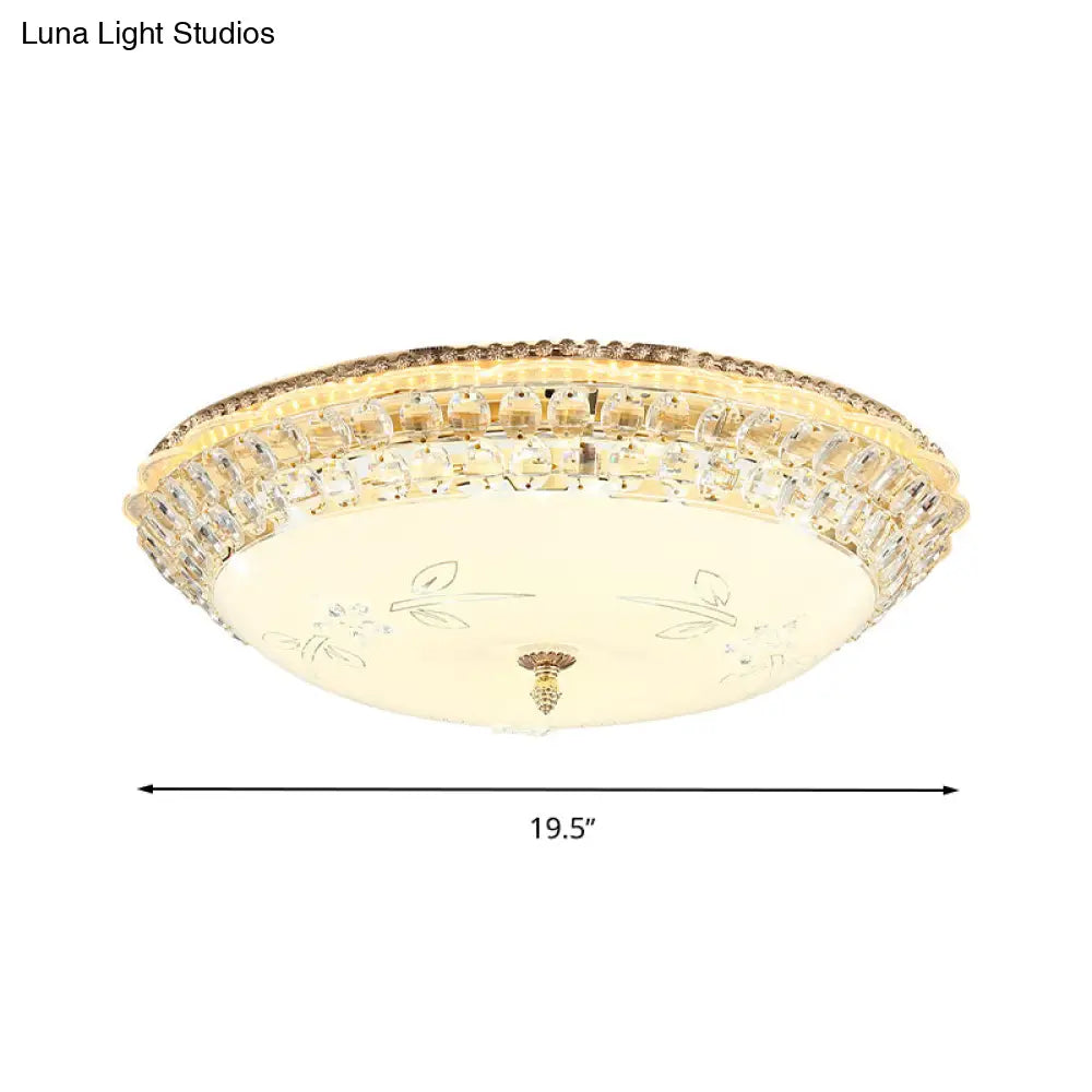 Modern Led Gold Flush Mount Ceiling Light With Crystal Accents Dome White Glass 12’/16’/19.5’ W