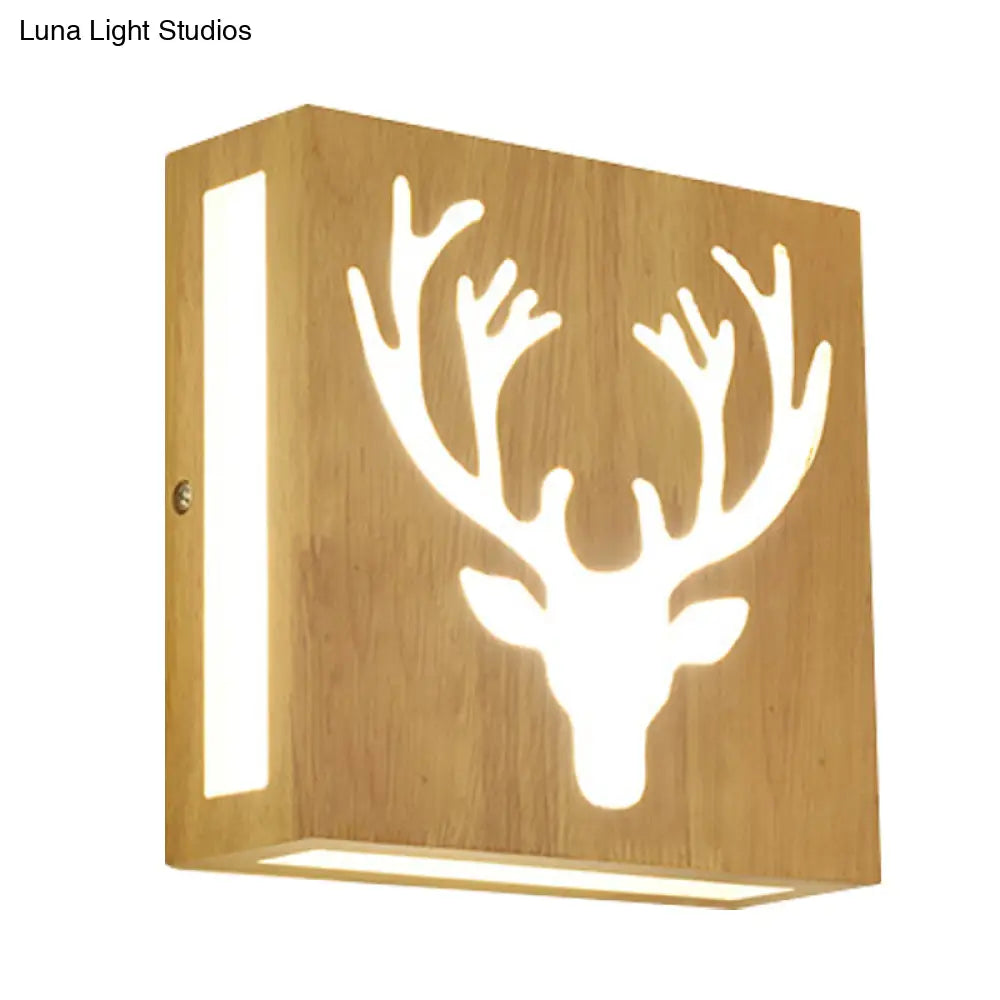 Modern Led Wood Square Wall Sconce: Beige Bedside Light With Cute Pattern