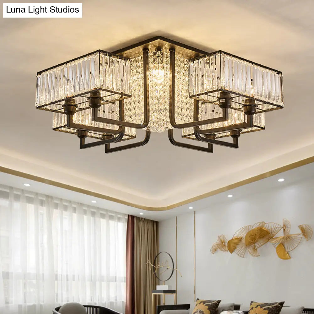 Modern Metal And Clear Crystal Semi Flush Light - Black Cubic Ceiling Mounted Fixture