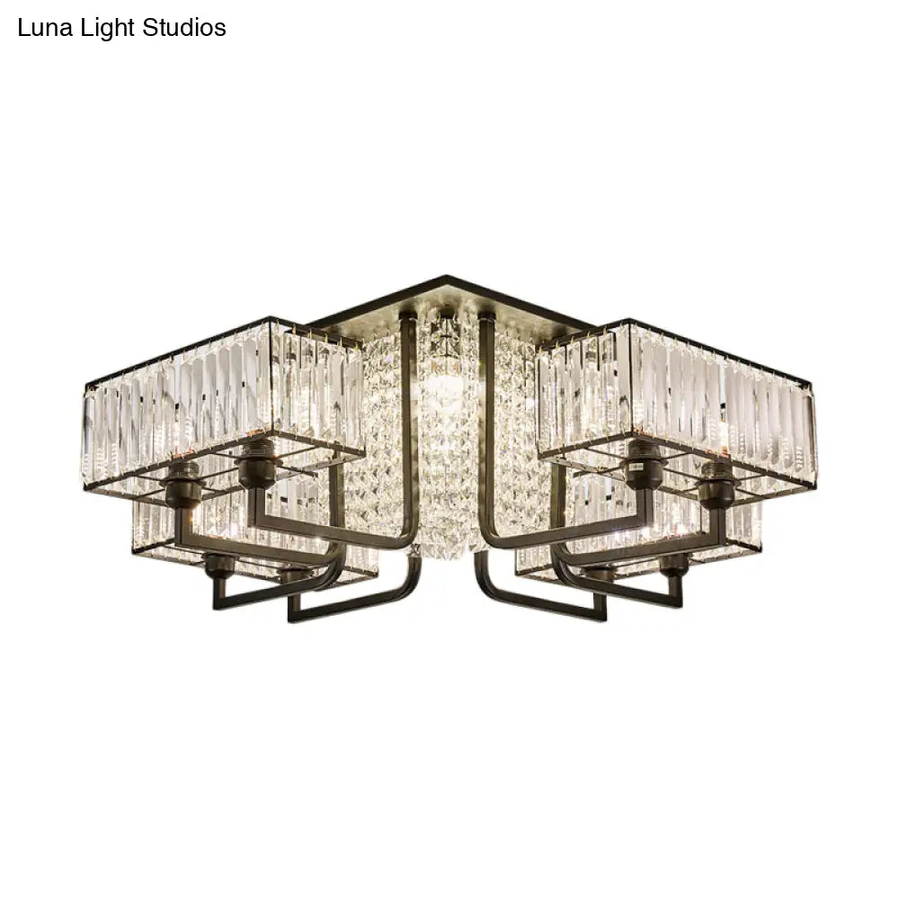 Modern Metal And Clear Crystal Semi Flush Light - Black Cubic Ceiling Mounted Fixture
