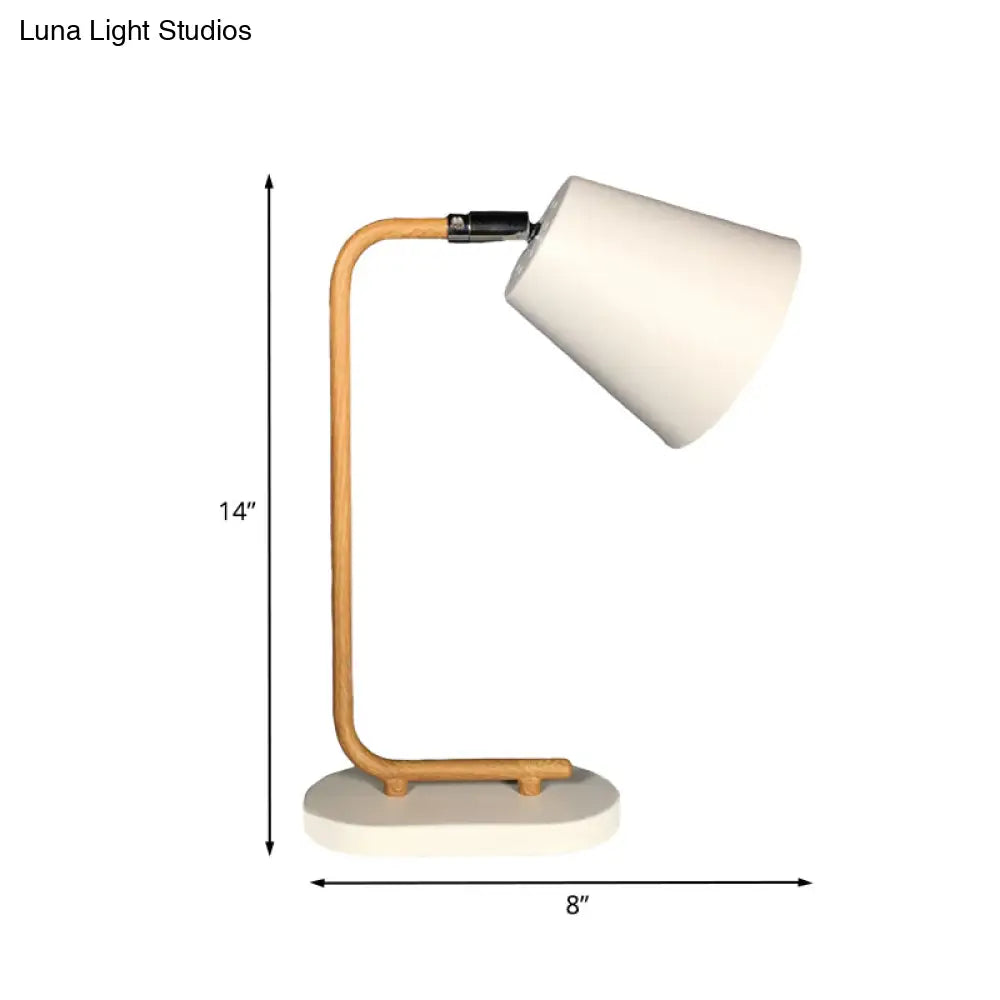Modern Metal Conical Reading Book Light - White Table Lamp With Slim Wood Arm