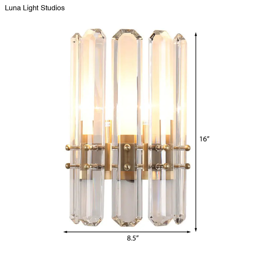 Modern Metal Cylinder Wall Sconce Light With Clear Crystal Prism Golden Finish 2 Bulbs Ideal For