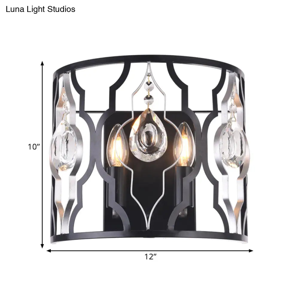 Modern Metal Frame Black Wall Sconce With Crystal Droplets - Half-Cylinder Design 2 Heads