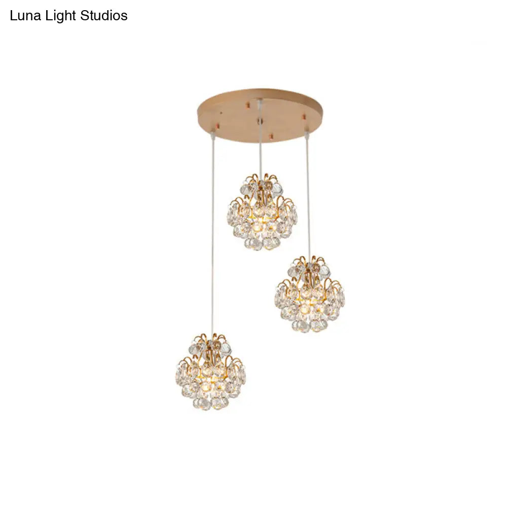 Modern Metal Pendant Light With Clear Crystal Balls And 3 Bulbs - Round/Linear Canopy Black/Gold