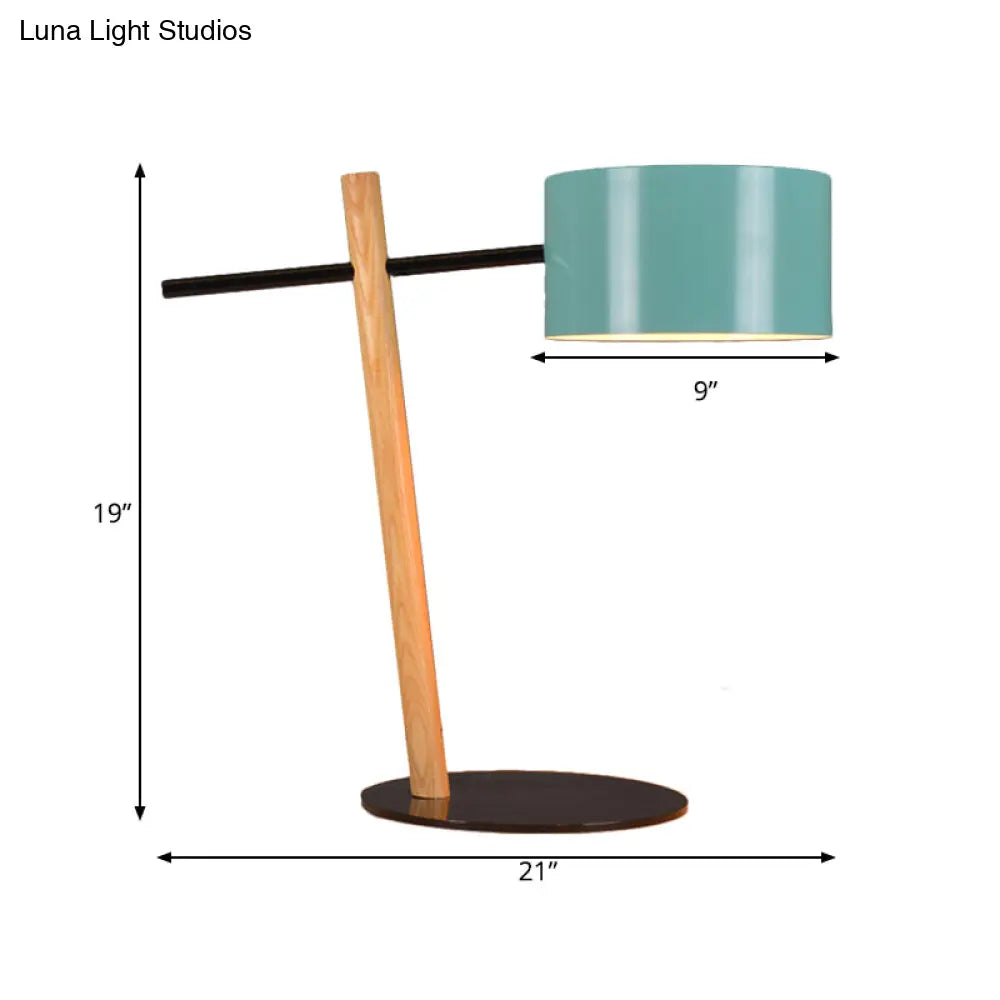 Modern Metallic Drum Plug-In Table Lamp With Blue & Wood Balance Arm - 1 Light Desk