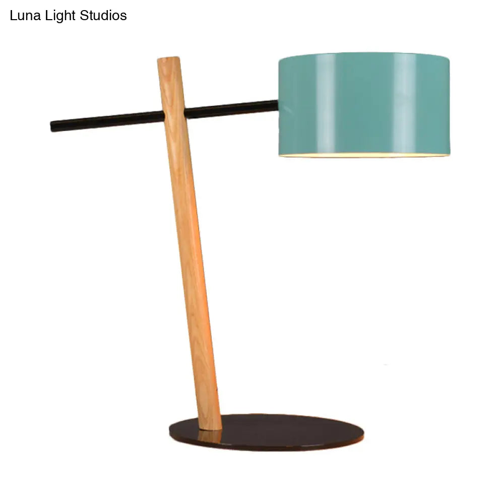 Modern Metallic Drum Plug-In Table Lamp With Blue & Wood Balance Arm - 1 Light Desk