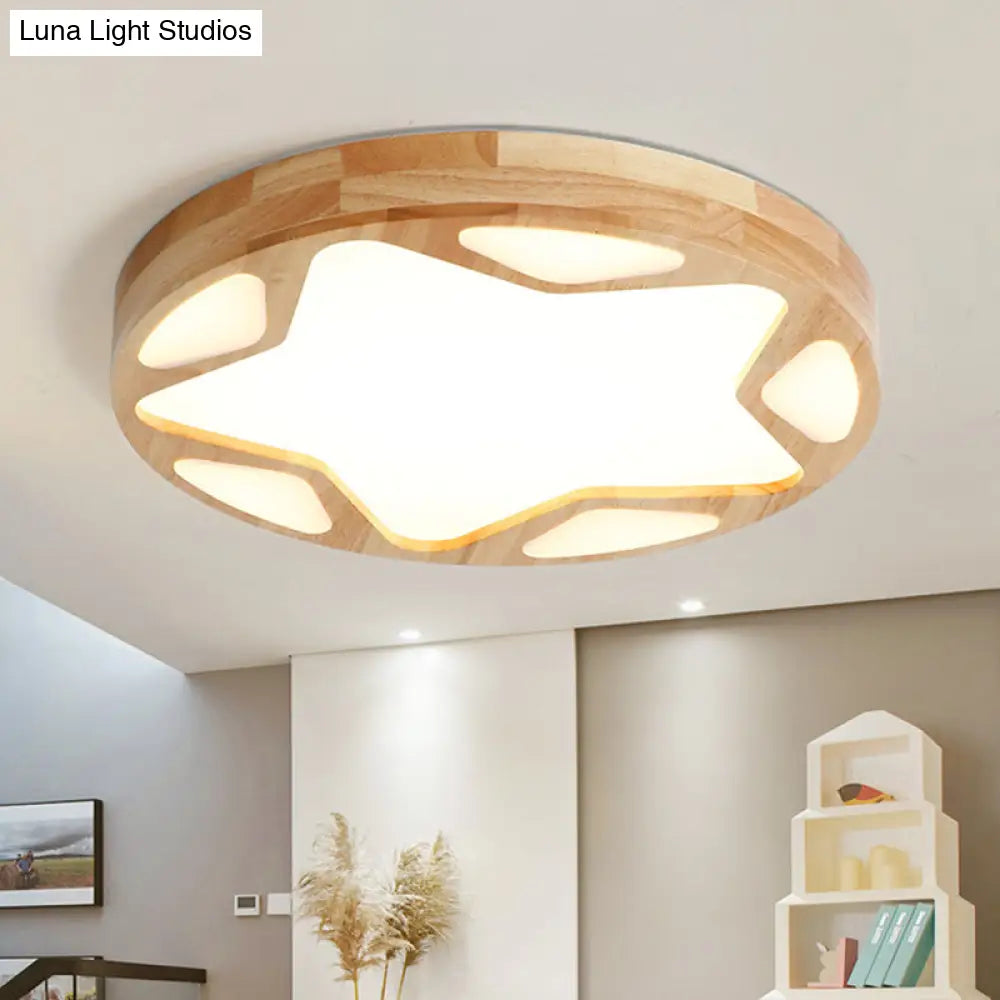 Modern Minimalist Round Natural Wood Star Ceiling Flush Mount Light For Living Room