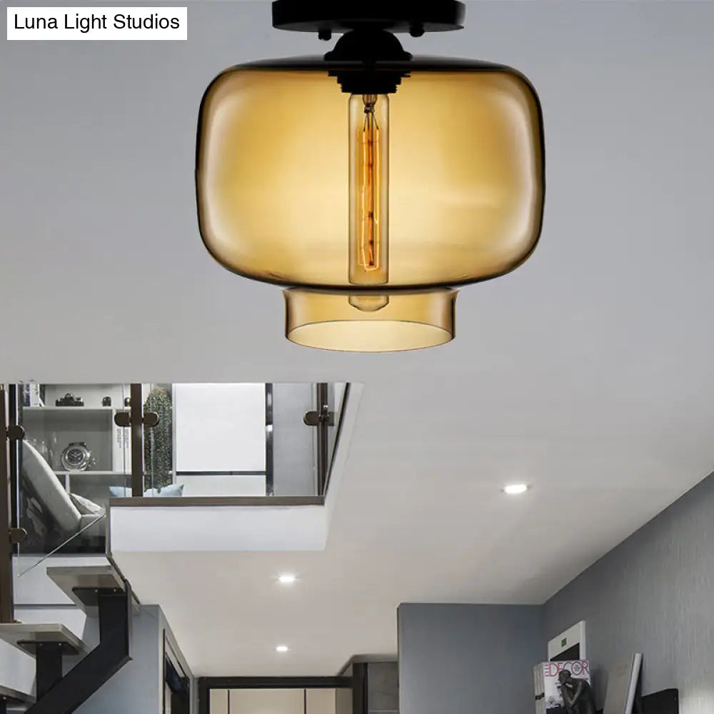 Modern Multi - Colored Lantern Flushmount Light With Glass Shade - Black Finish