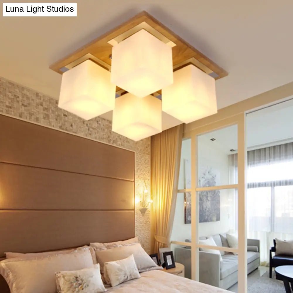 Modern Nordic Opal Glass Cube Semi Flush Ceiling Light With 4 - Lights - Wood Bedroom Mount Lamp