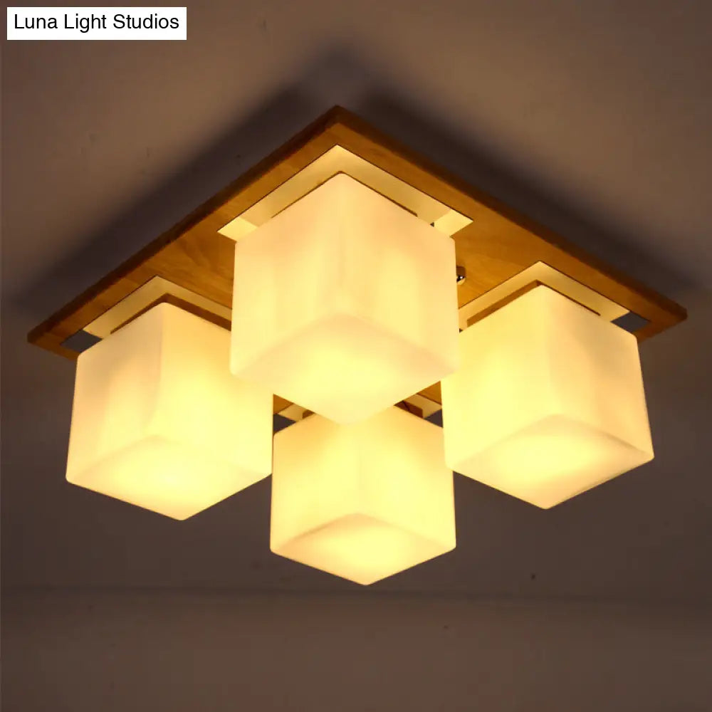 Modern Nordic Opal Glass Cube Semi Flush Ceiling Light With 4 - Lights - Wood Bedroom Mount Lamp