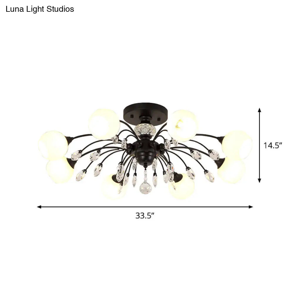 Modern Opal Glass Sputnik Globe Semi Flush Ceiling Fixture With Crystal Deco - 8 - Bulb Black