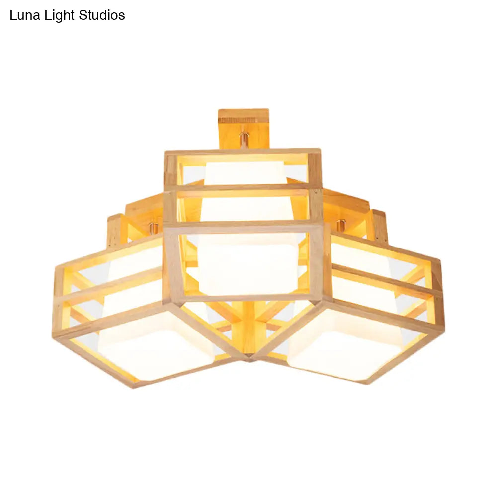 Modern Opaline Matte Glass Cube Ceiling Light With 3 Beige Heads & Wood Cage Guard