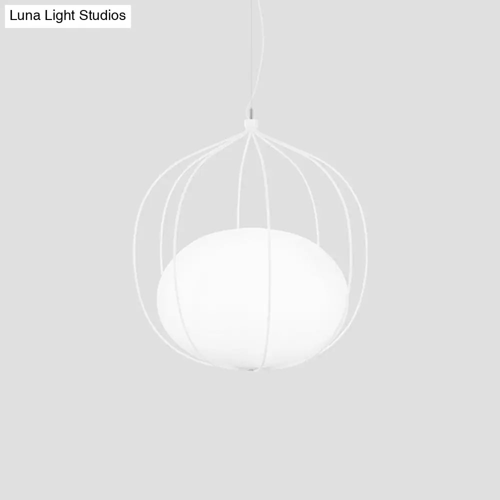 Modern Pendant Light: Egg Milk Glass Suspension With Melon Wire Frame - Ideal For Offices