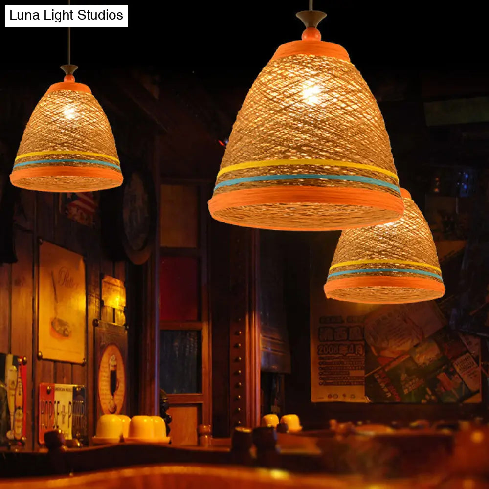 Modern Rattan Tapered Ceiling Lamp - 10’/14’/16’ Wide Yellow/Brown Pendant Light 1 Bulb