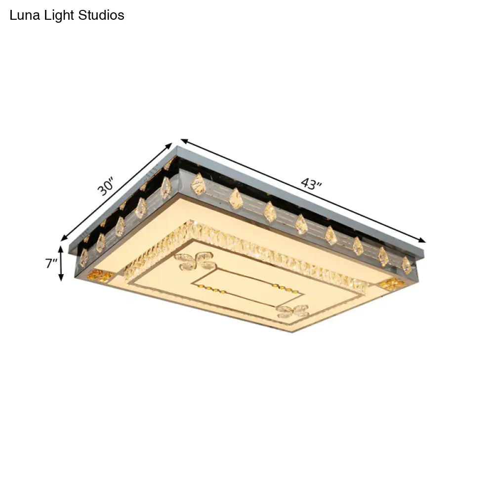 Modern Rectangular Ceiling Fixture With Clear Crystal Blocks – Led Flush Mount Lamp In Stainless