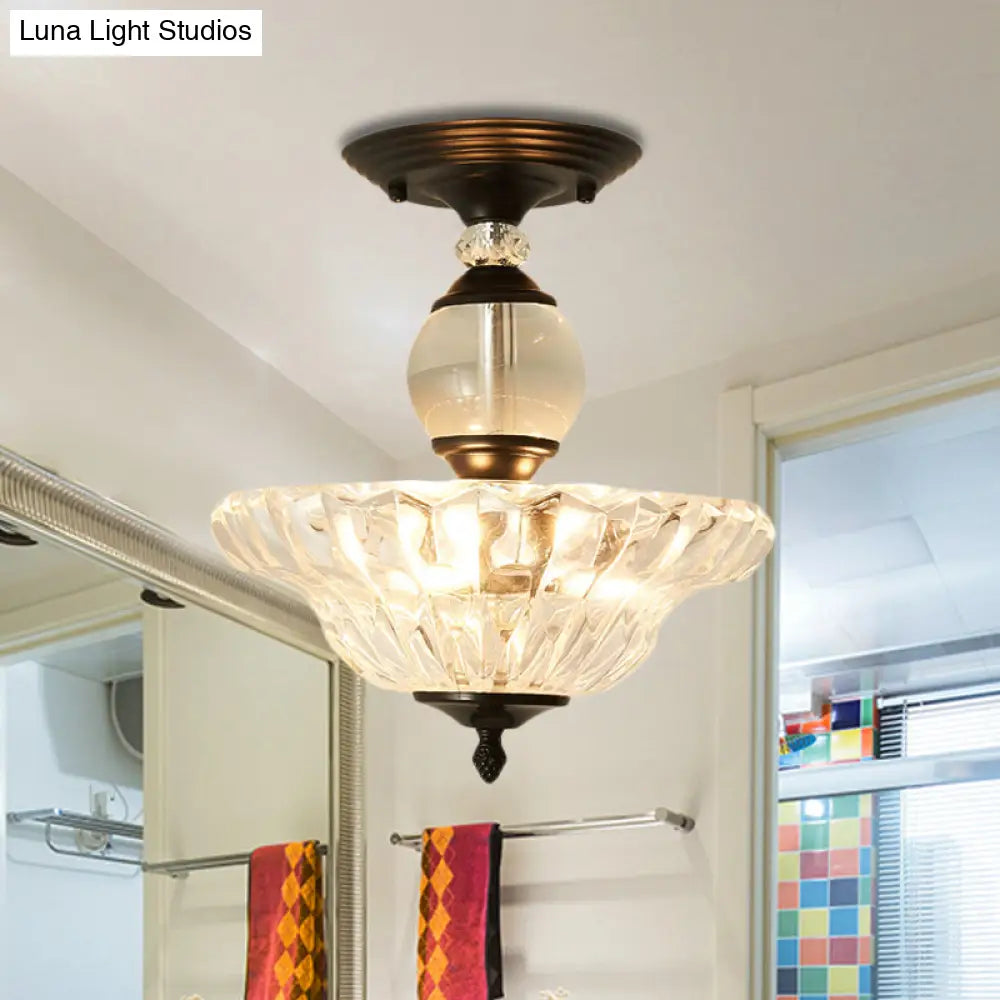 Modern Ribbed Glass Semi Flush Mount Light In Black/Gold - 12’/16’ Diameter 1 Crystal Ceiling Lamp