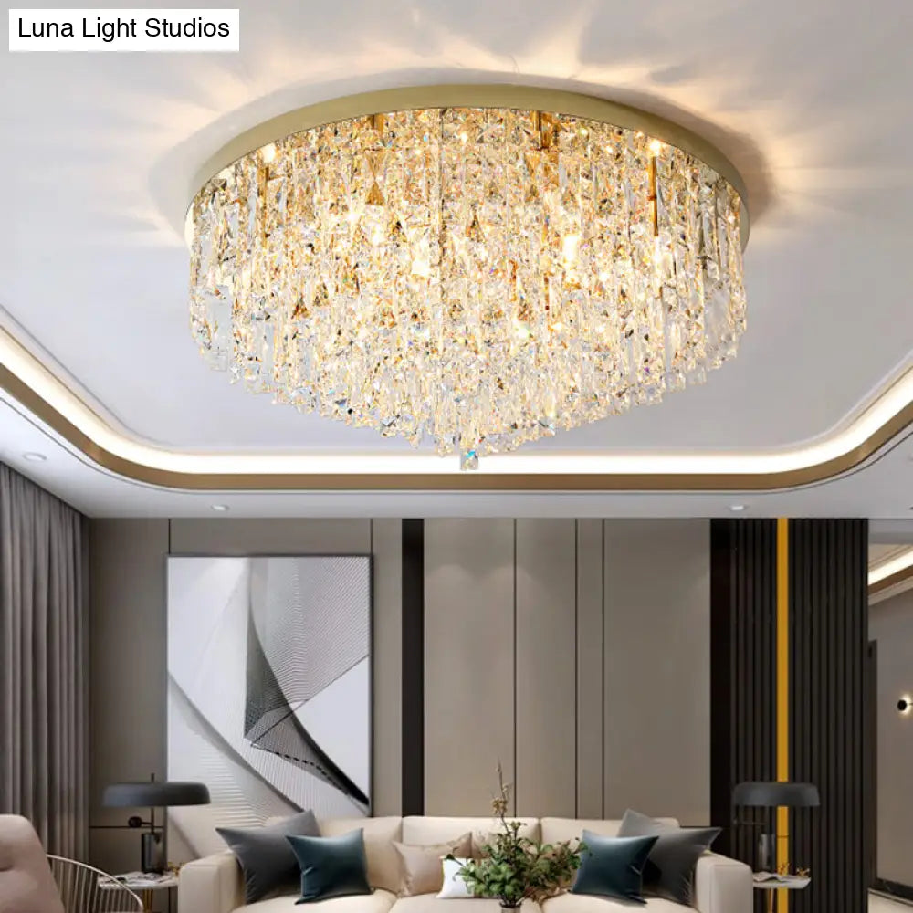 Modern Round Beveled K9 Crystal Ceiling Lamp For Living Room - Flush Mounted Light
