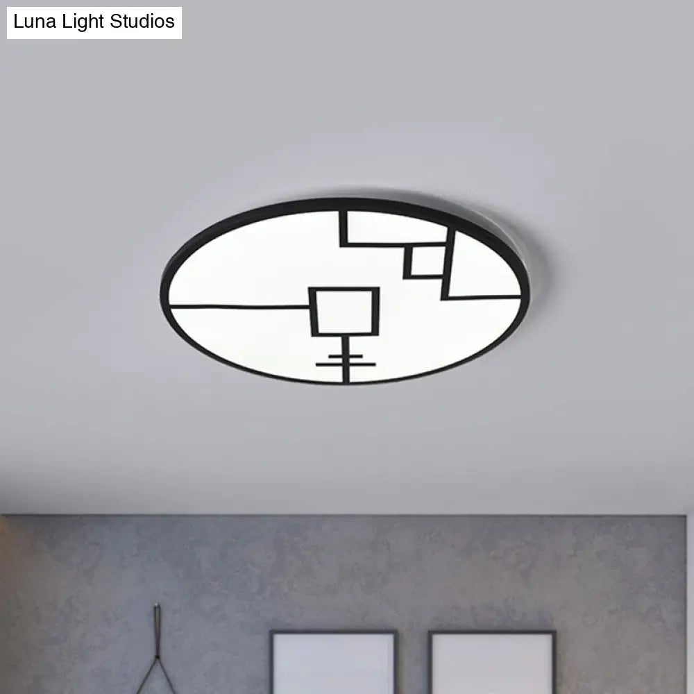 Modern Round Led Ceiling Light In Black/White With Geometric Pattern - Flush Mount Fixture For