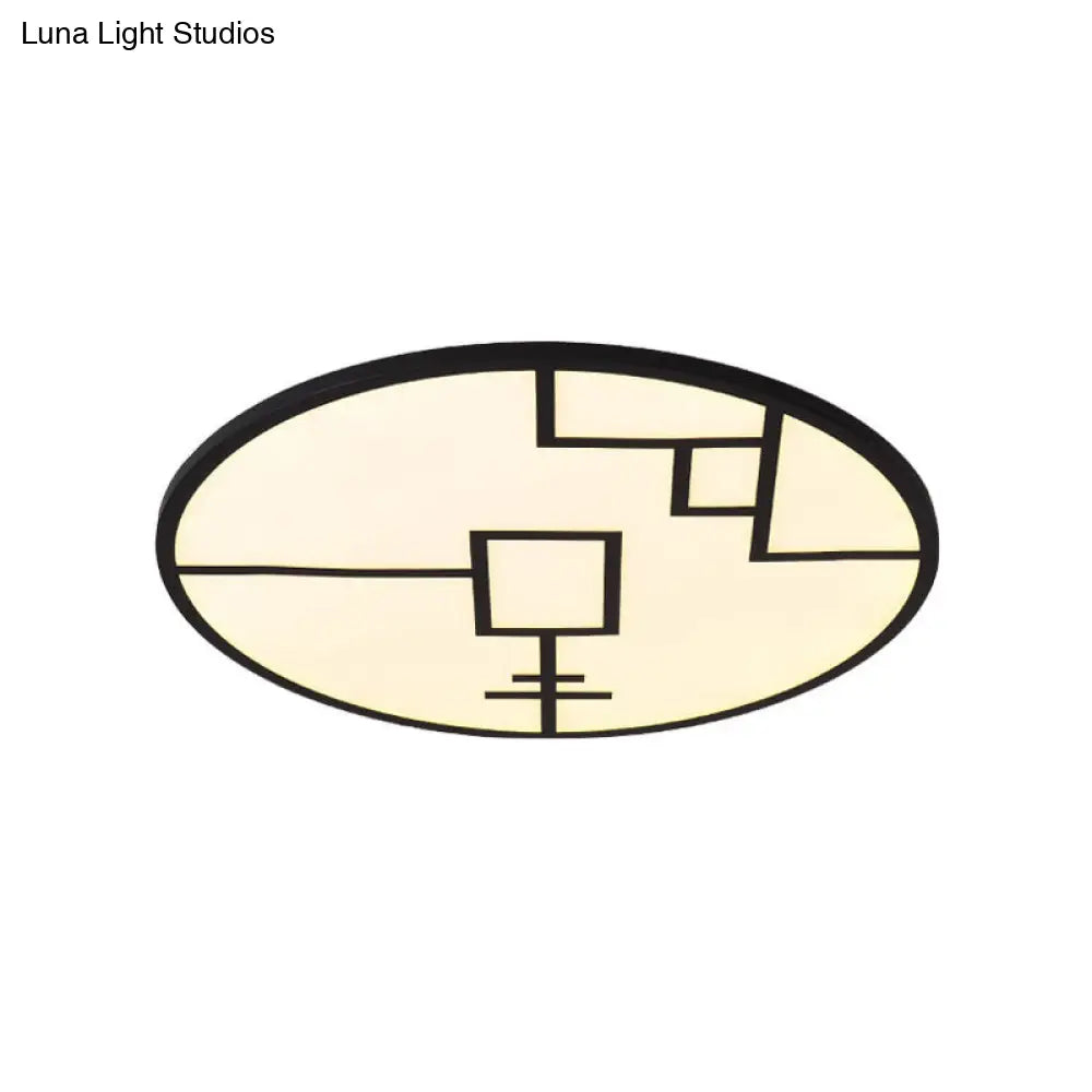 Modern Round Led Ceiling Light In Black/White With Geometric Pattern - Flush Mount Fixture For