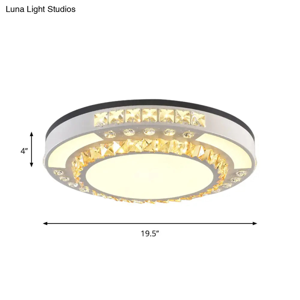 Modern Round Led Crystal Block Ceiling Lamp In White For Living Room
