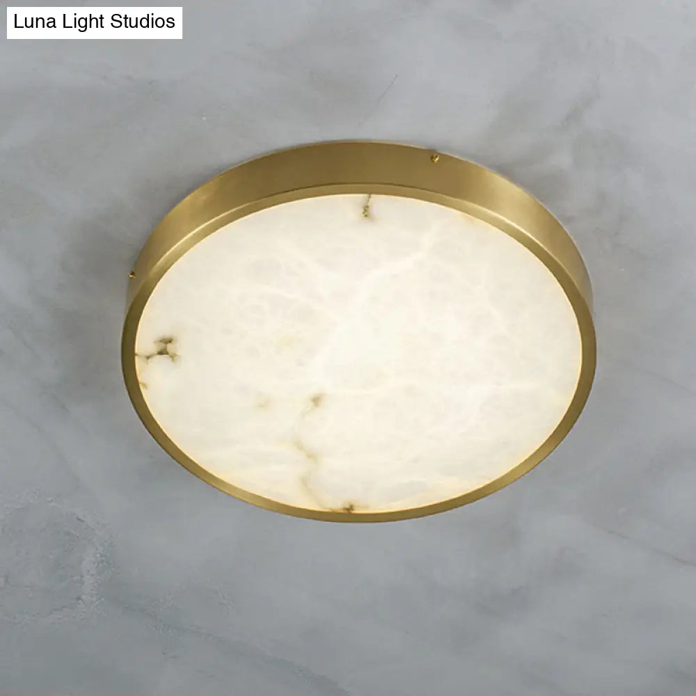 Modern Round Led Flush Mount Ceiling Light With Marble Accents - Brass Finish