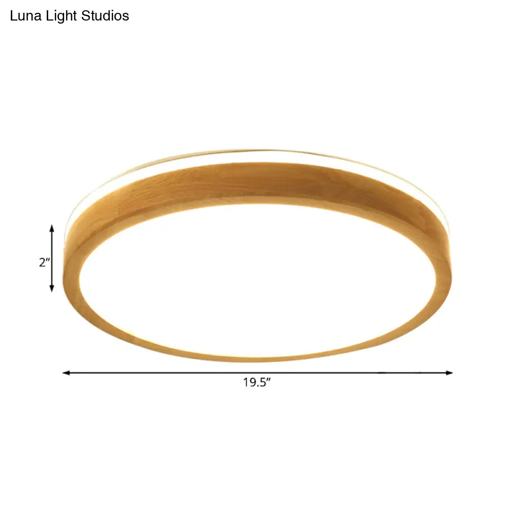 Modern Round Wooden 1-Light Led Flush Mount Ceiling Fixture With Frosted Diffuser - 3 Sizes
