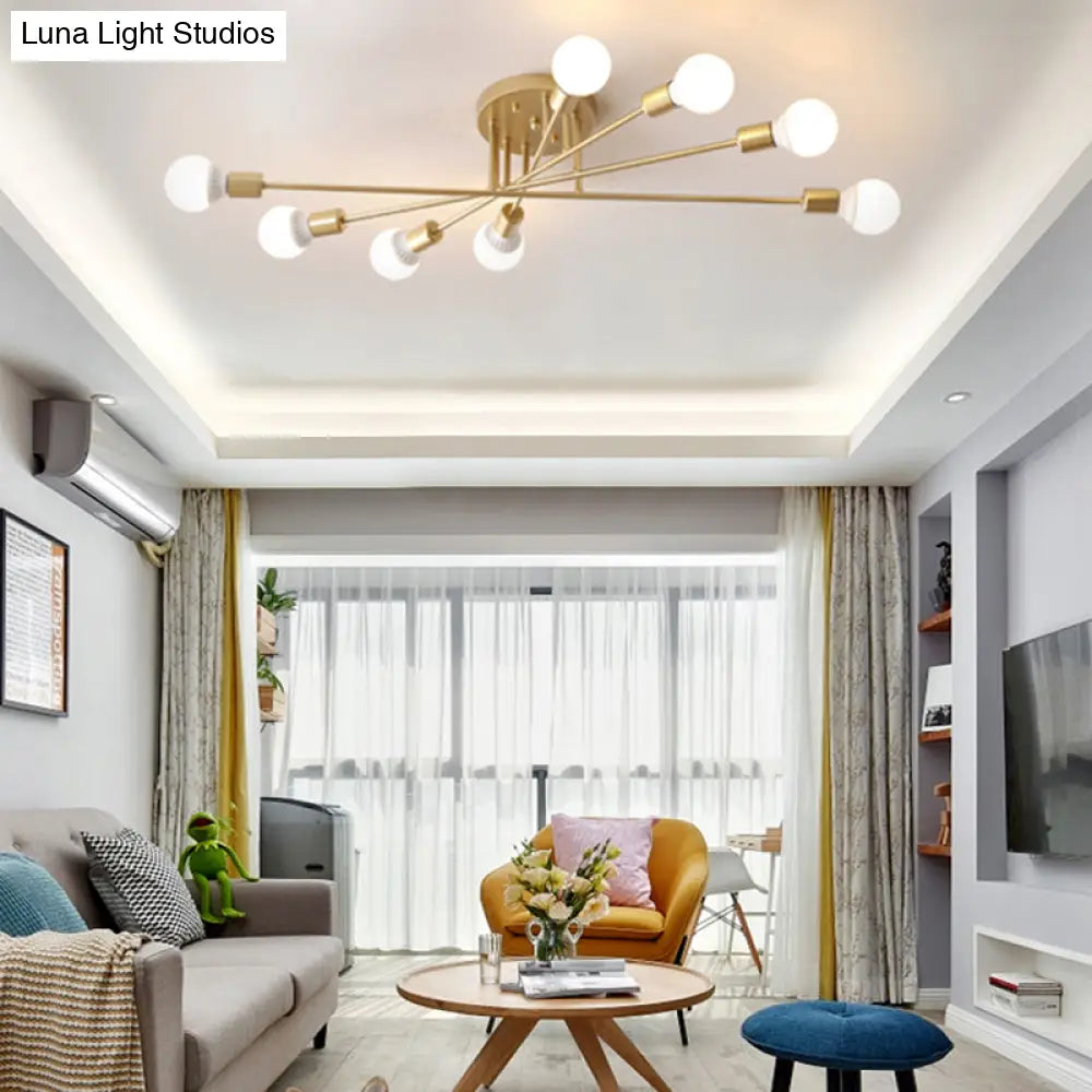 Modern Semi Flush Mount Gold/Black Ceiling Light Fixture - 6/8/10 Lights Exposed Bulb Design For
