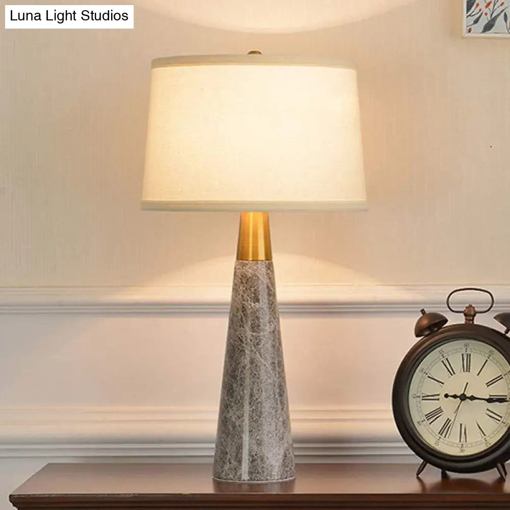 Modern Shaded Nightstand Lamp - 1 Head White Fabric Task Lighting With Grey Cone Marble Base